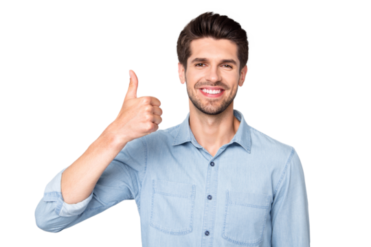 Portrait of positive cheerful man show thumb-up recommend ads sales discounts wear casual style outfit isolated over grey color background