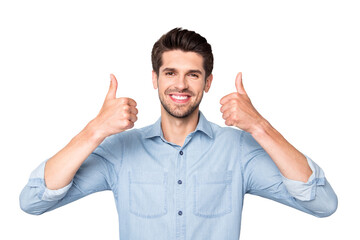 Fototapeta premium Portrait of confident cool man businessman real promoter advice excellent ads show thumb up sign wear denim jeans clothes isolated over grey color background