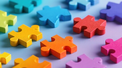 Colorful puzzle pieces in unique patterns, celebrating neurodiversity on a soft gradient backdrop