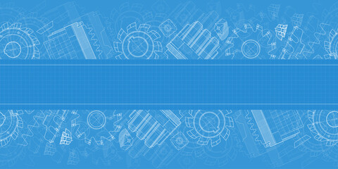 Mechanical engineering drawings on blue background. Cutting tools, milling cutter. Technical Design. Cover. Blueprint. Horizontal seamless pattern. Vector illustration.