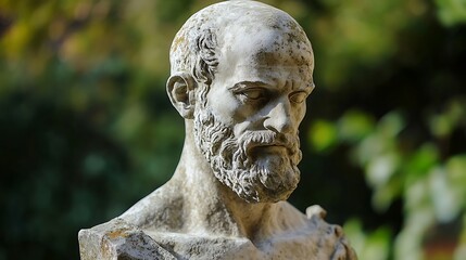 Ancient classical stone bust with realistic beard and intense gaze against soft-focused garden backdrop image