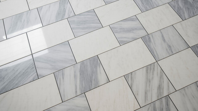 A high-resolution photograph of white marble floor tiles arranged in a diagonal pattern