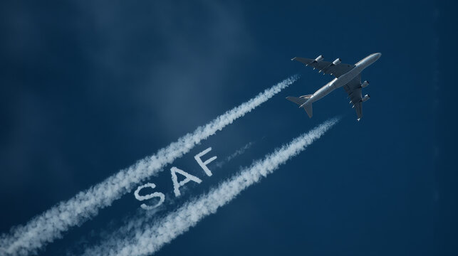 Commercial airplane with SAF sustainable aviation fuel contrails in blue sky