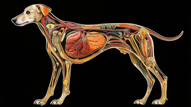 Anatomical Illustration of a Dog with Detailed Internal Structures Including Organs, Muscles, and Vascular Systems for Educational Use and Reference