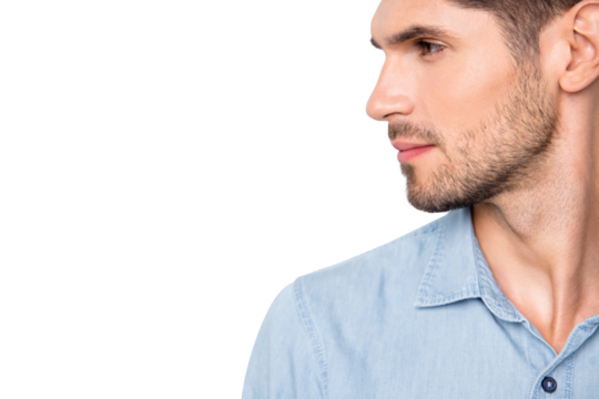 Porfile side cropped close up photo of masculine brutal man after skincare barbershop treatment look copyspace feel gorgeous wear casual style isolated over grey color background