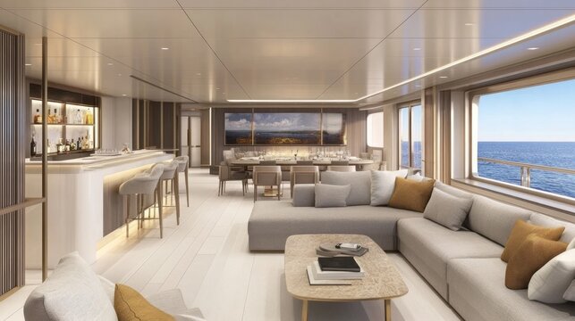 Luxurious interior of a modern yacht with a sophisticated layout.