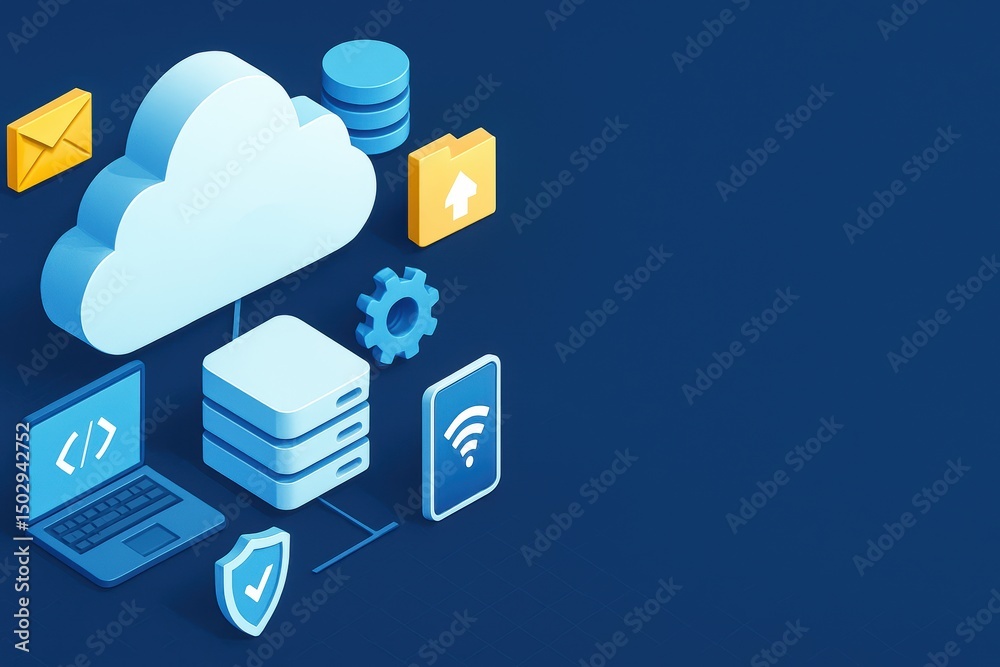 Poster modern cloud computing concept with digital icons and data storage elements on blue background