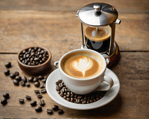 Espresso Shot in Small Glass with Golden Crema on Rustic Wooden Table, Surrounded by Coffee Beans, French Press and Grinder in Warm Light, Cozy Caffeine Concept, Close-Up Photography