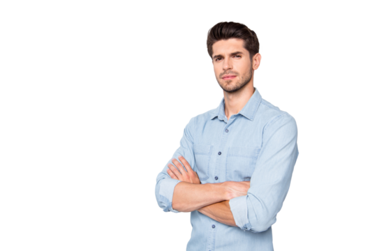 Turned photo of focused business man manager cross his hands ready to solve work problems in company wear casual style outfit isolated over grey color background - Powered by Adobe