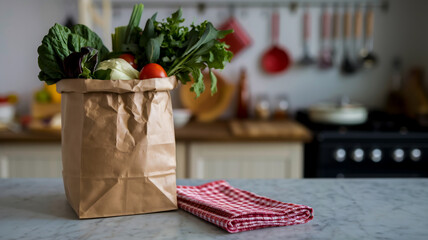 A kitchen countertop with a paper bag filled with fresh vegetables, prominently displaying greens, tomatoes, and possibly some leafy greens.