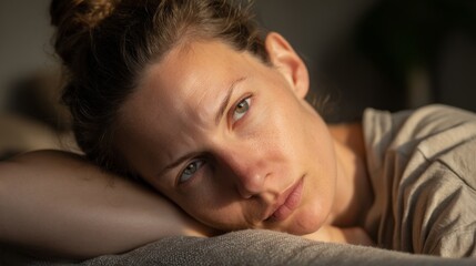Tired exhausted woman resting on couch wrapped in blanket, feeling unwell and fatigued from long term illness, chronic sickness and health recovery concept.