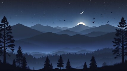 Stylized mountain landscape at night with moon, stars, and forest silhouette
