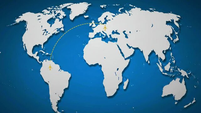 World map illustration with connection line, concept of global reach in blue and white
