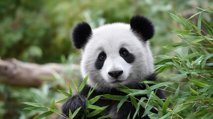 Fototapeta premium Panda Sitting Peacefully Eating Fresh Bamboo