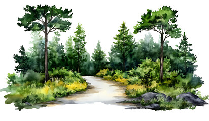 Watercolor illustration of forest path with green trees on transparent background
