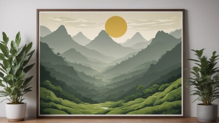 Fototapeta premium Stylized layered mountain landscape artwork with sun for home decor