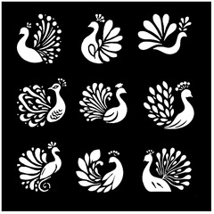 peacock editable black and white vector set 2
