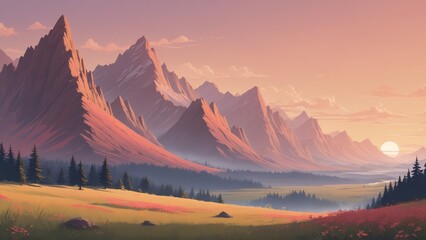 Beautiful mountain landscape at sunset with warm sky and valley