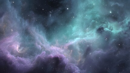 An ethereal view of a cosmic nebula with clouds of swirling color against a star-speckled, inky backdrop.