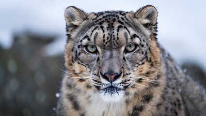 Close-up portrait of a snow leopard, a vulnerable species of big cat, with its distinctive fur pattern and piercing eyes in a snowy, winter environment