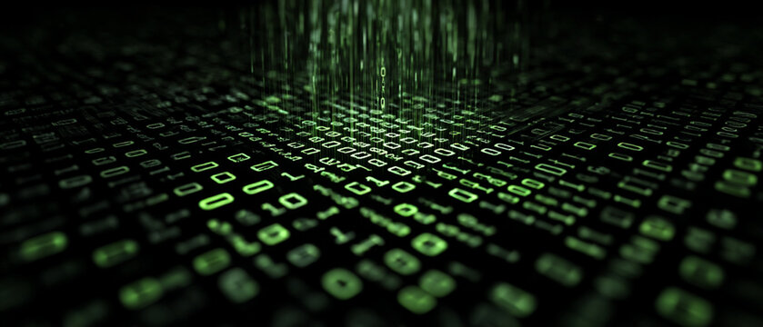 A digital matrix background featuring green binary code flowing downward on a dark surface pattern design