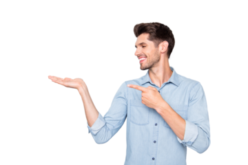 Profile side photo of charming positive cheerful man promoter hold hand offer ads point index finger look recommend suggest adverts wear casual style outfit isolated over grey color background