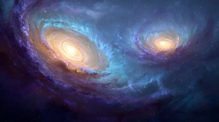 Obraz premium Dramatic depiction of two galaxies swirling in space, featuring celestial dust clouds and vibrant colors.