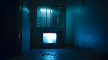 A vintage television glows in a dimly lit room, casting an eerie blue light on the surrounding space.