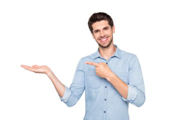 Portrait of positive cheerful promoter man hold hand point index finger indicate information about promotions sales discount suggest feedback wear casual style outfit isolated grey color background