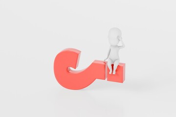 3D A Man thinking with a question mark icon. Minimal Cartoon white human sticky with red question mark isolated on white background. Looking for a solution. Decision and problem concept. 3d render.