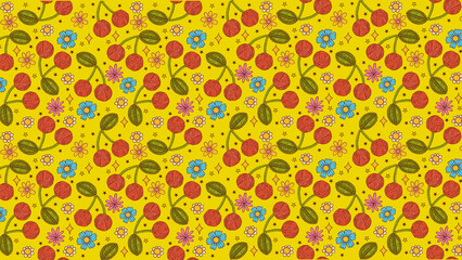 Vibrant seamless cherry and floral pattern on yellow, perfect for playful textiles, children's products, and fun summer designs.