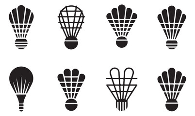 Set of black silhouette illustrations of shuttlecocks in different designs on a white background.