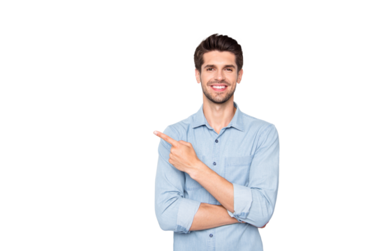 Portrait of positive cheerful guy promoter point index finger recommend ads select suggest adverts  wear casual style clothes isolated over grey color background