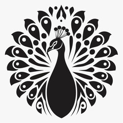 Fototapeta premium A stylized, black silhouette of a peacock is presented against a plain white background.