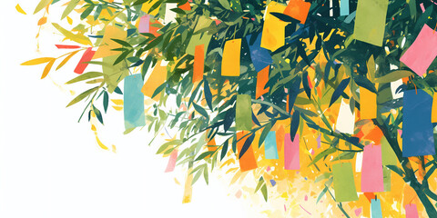 Colorful wish papers and bamboo leaves. Japanese tanabata background. Image for wallpaper and banner.