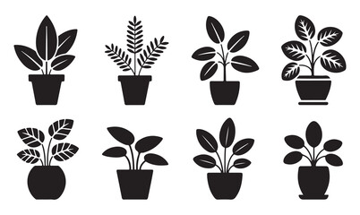 Set of black silhouette illustrations of different potted plants in various styles on a white background.