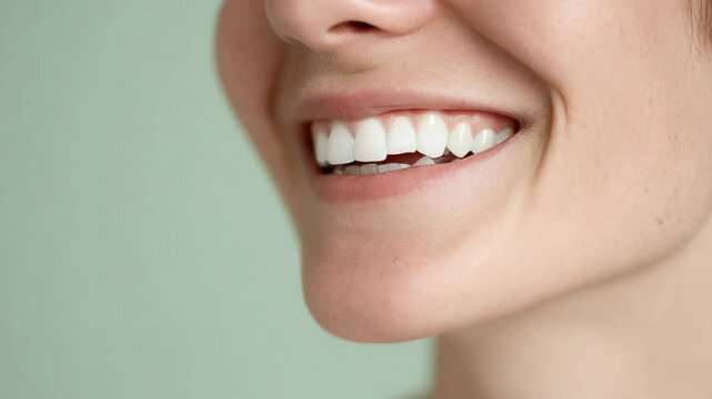 closeup of persons face with perfectly white teeth slightly shifted to right against clean pastel background