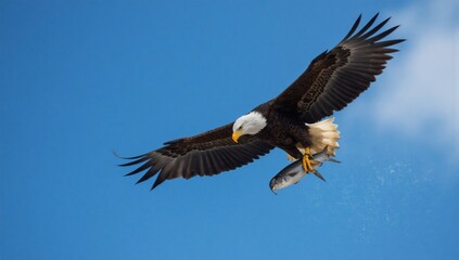 Naklejka premium Bald eagle in flight carrying a fish against a blue sky