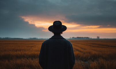 A person in a hat and coat stands in a field looking at the sunset with cloudy skies above them