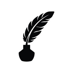 Amazing feather pen with inkpot silhouette vector art illustration.