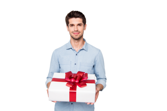 Its for you my love! Portrait of romance romantic lover guy hold gift box present for woman day give to his sweetheart wear stylish clothes isolated over grey color background