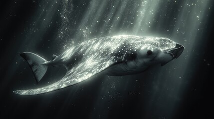 A majestic whale gliding gracefully through the serene depths of the ocean, illuminated by soft beams of sunlight filtering through the water