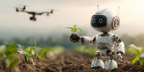 Robot holding plant seedling in agricultural field with drone above  