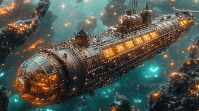 Futuristic submarine exploring vibrant underwater landscape filled with bioluminescent flora and glowing coral reefs