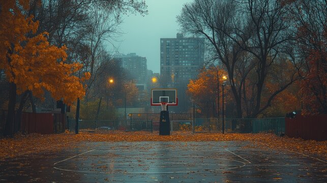 A serene autumn basketball court surrounded by vibrant fall foliage and a misty urban skyline in the background