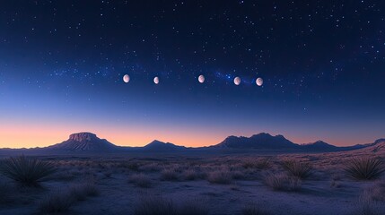 Celestial dance over vast desert landscape moon phases across a starlit sky at dawn with muted blue
