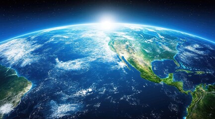 Obraz premium Earth from space, sun rising over Americas