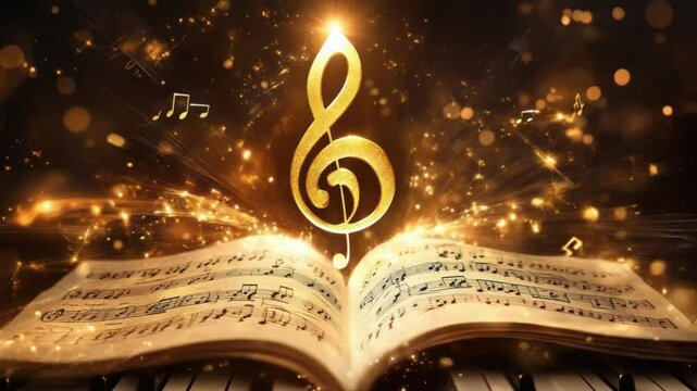 Golden treble clef emerging from music book on piano