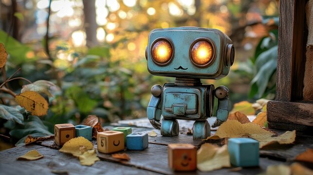 Charming vintage robot toy with glowing eyes surrounded by colorful building blocks in a serene autumn garden setting