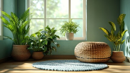 Bright and airy indoor space featuring woven baskets and lush greenery near a large window.